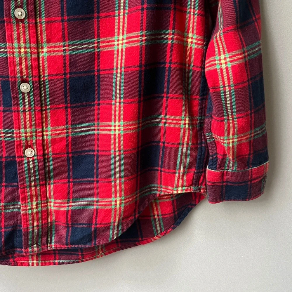 Ralph Lauren Flannel Shirt Boys Size 10/12 Red Plaid 100% Cotton Preppy Classic